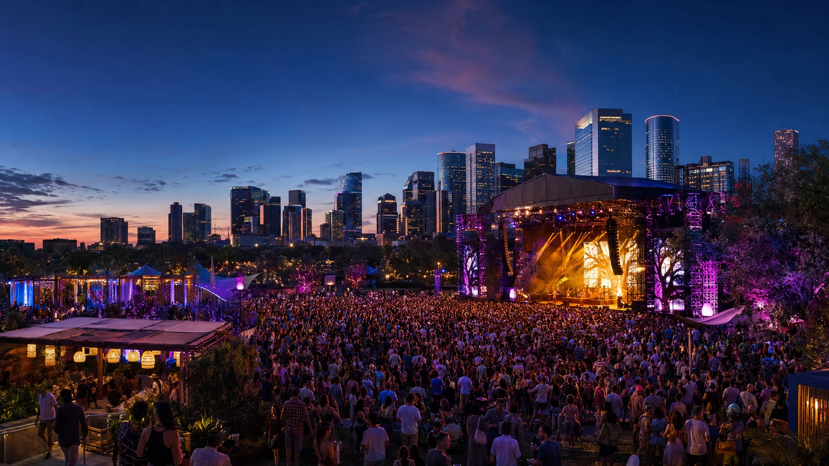 A major outdoor festival illuminated at night