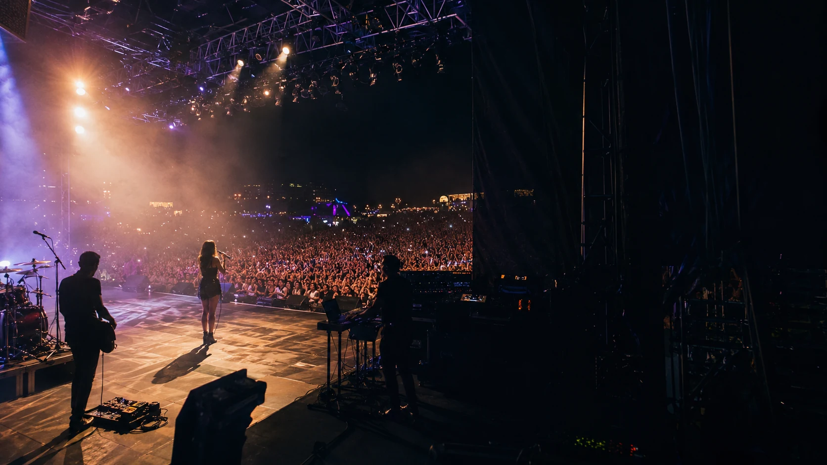 Concert stage with dramatic lighting and a live audience
